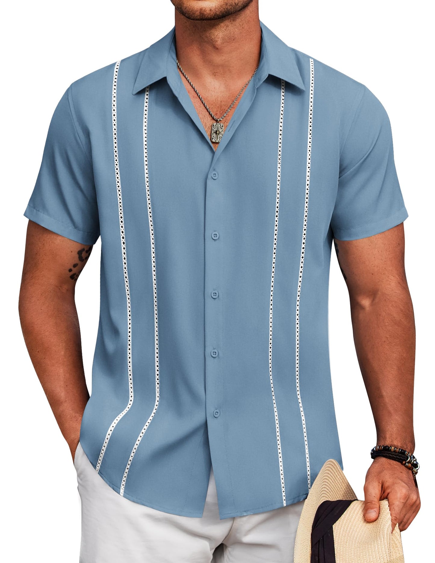 HOTCOOFANDY Mens Cuban Guayabera Shirt Short Sleeve Button Down Shirts Summer Beach Vacation Shirts