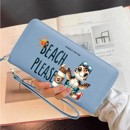 HOTKUKOO Cartoon Turtle Long Wallet for Women - RFID Blocking with Multi Card Slots, Large Capacity Wristlet Travel Purse, Cash Clutch Billfold with Zipper Coin Pocket, Gift for Ladies & Girls