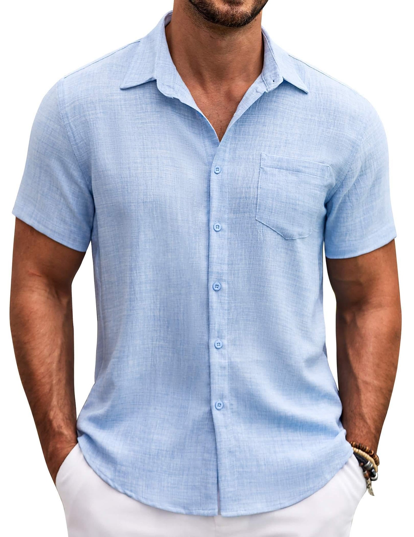 HOTCOOFANDY Mens Button Down Short Sleeve Shirt Casual Shirts Summer Beach Textured Shirts with Pocket