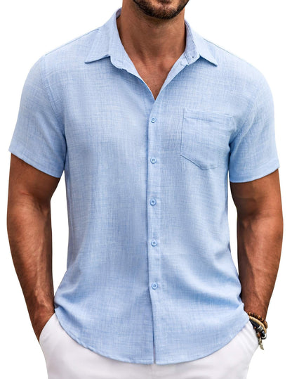 HOTCOOFANDY Mens Button Down Short Sleeve Shirt Casual Shirts Summer Beach Textured Shirts with Pocket