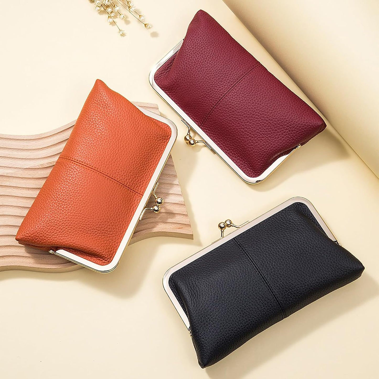 HOTVintage Kiss Lock Leather Wallet for Women, Clutch, Orange | Genuine Leather, Multi-card Slots Card Holder Clutch Purse Travel Wallet