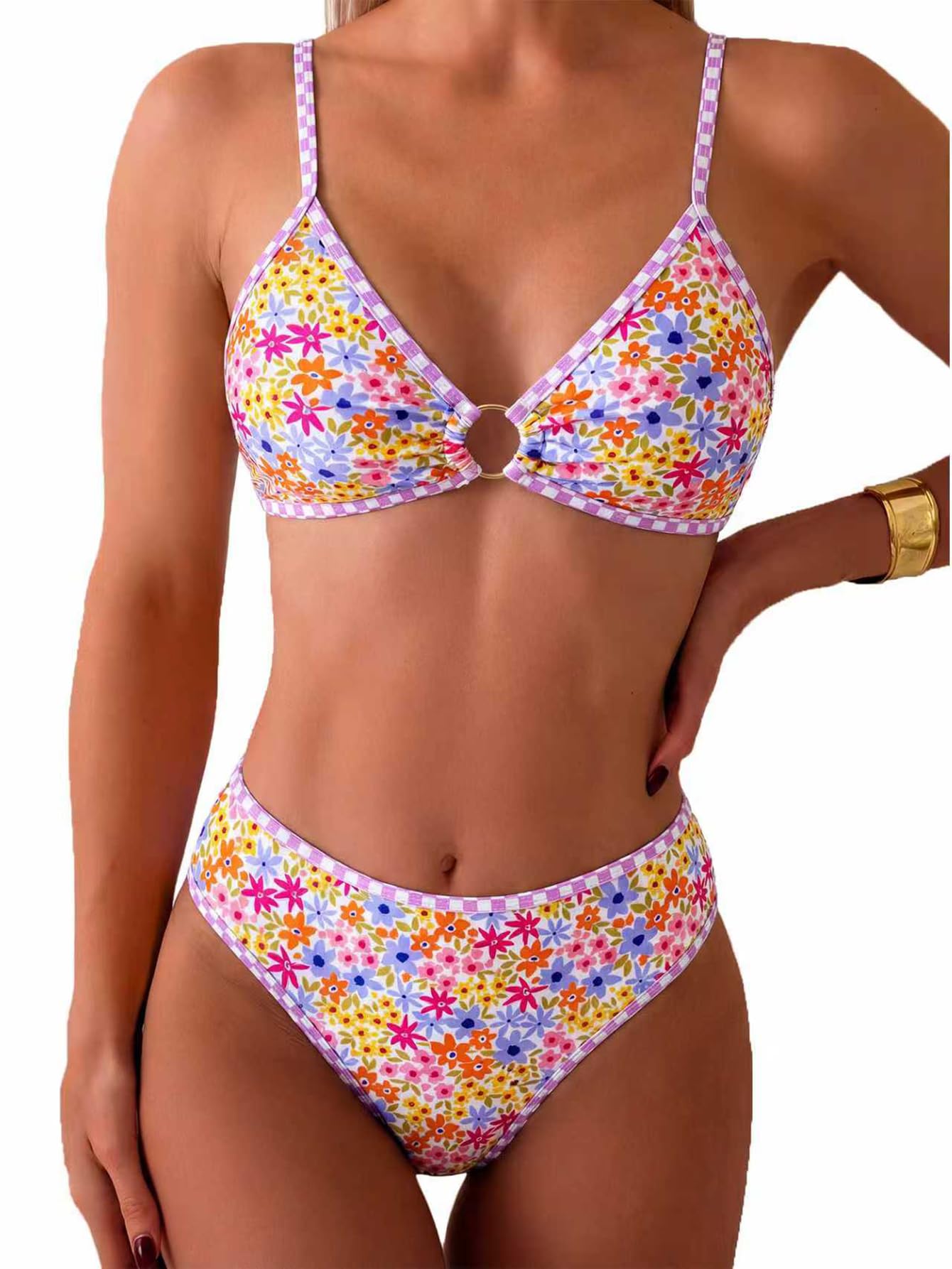 HOTTainehs Women's Two Piece Bikini Sets O Ring Front Top Ditsy Floral Triangle Swimsuits Cheeky Bathing Suit