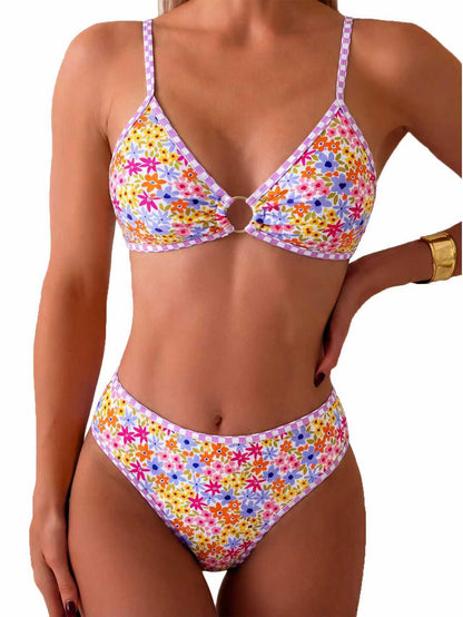 HOTTainehs Women's Two Piece Bikini Sets O Ring Front Top Ditsy Floral Triangle Swimsuits Cheeky Bathing Suit