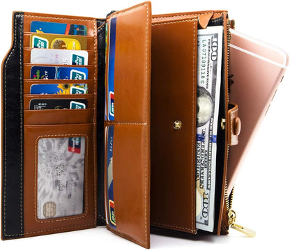 HOTANDOILT Women's RFID Blocking Large Capacity Luxury Wax Genuine Leather Clutch Wallet Card Holder Organizer Ladies Purse