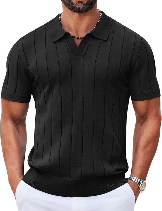 HOTCOOFANDY Mens Polo Shirts Short Sleeve V Neck Knit Shirts for Men Casual Old Money Clothes Mens Golf Shirt