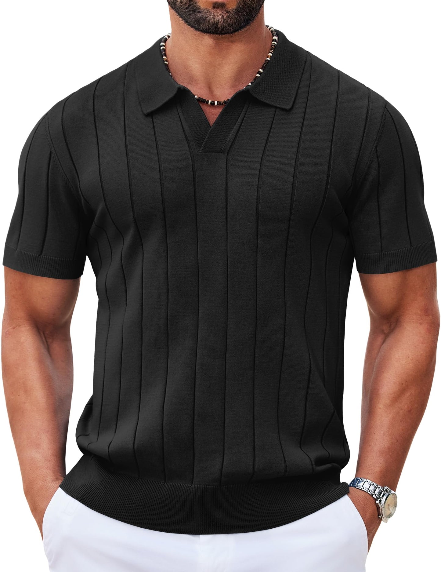HOTCOOFANDY Mens Polo Shirts Short Sleeve V Neck Knit Shirts for Men Casual Old Money Clothes Mens Golf Shirt