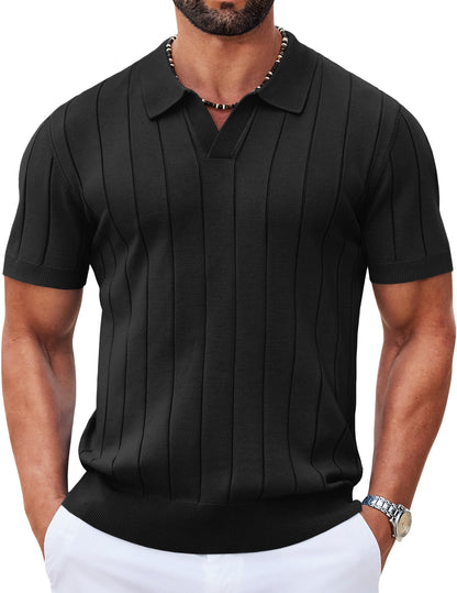 HOTCOOFANDY Mens Polo Shirts Short Sleeve V Neck Knit Shirts for Men Casual Old Money Clothes Mens Golf Shirt