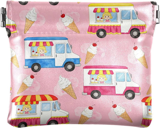 HOTPink Ice Cream Truck Summer Women's Leather Coin Purse Wallet Fancy Mini Change Wallet Coin Pocket for Men Women Travel monederos pequenos de mujer
