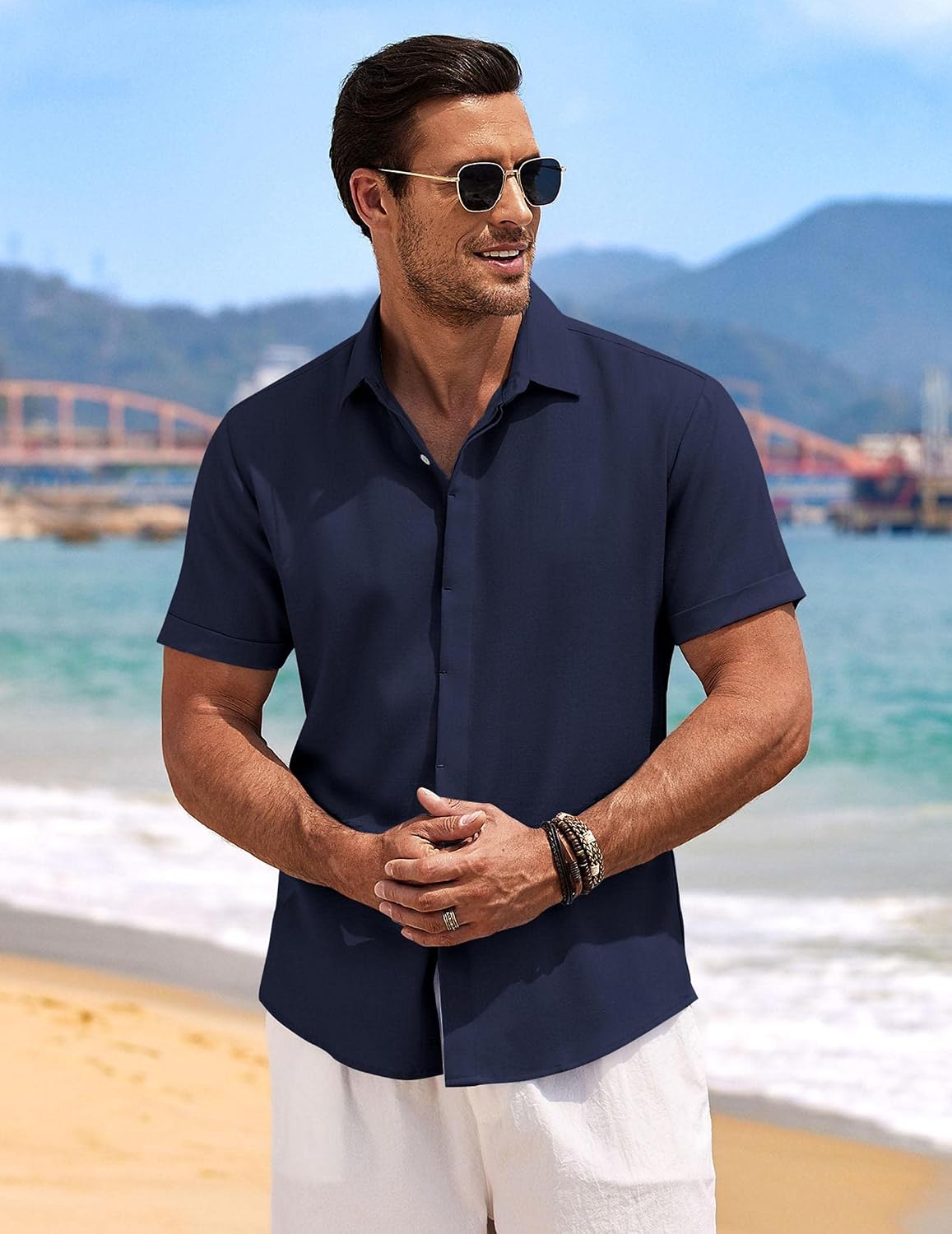 HOTCOOFANDY Men's Linen Shirts Short Sleeve Casual Shirts Button Down Shirt for Men Beach Summer Wedding Shirt
