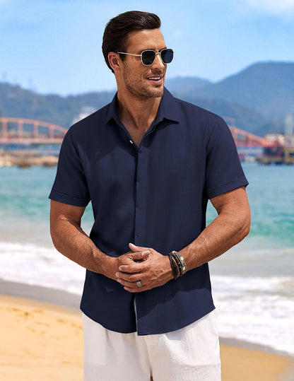 HOTCOOFANDY Men's Linen Shirts Short Sleeve Casual Shirts Button Down Shirt for Men Beach Summer Wedding Shirt