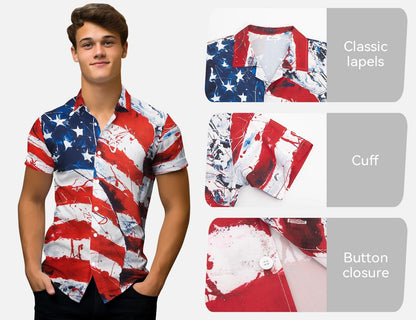 HOTYoimira 4th of July Shirts for Men,Patriotic Grunge Concept USA Flag Button-Down Casual Short Sleeve Hawaiian Shirts for Men