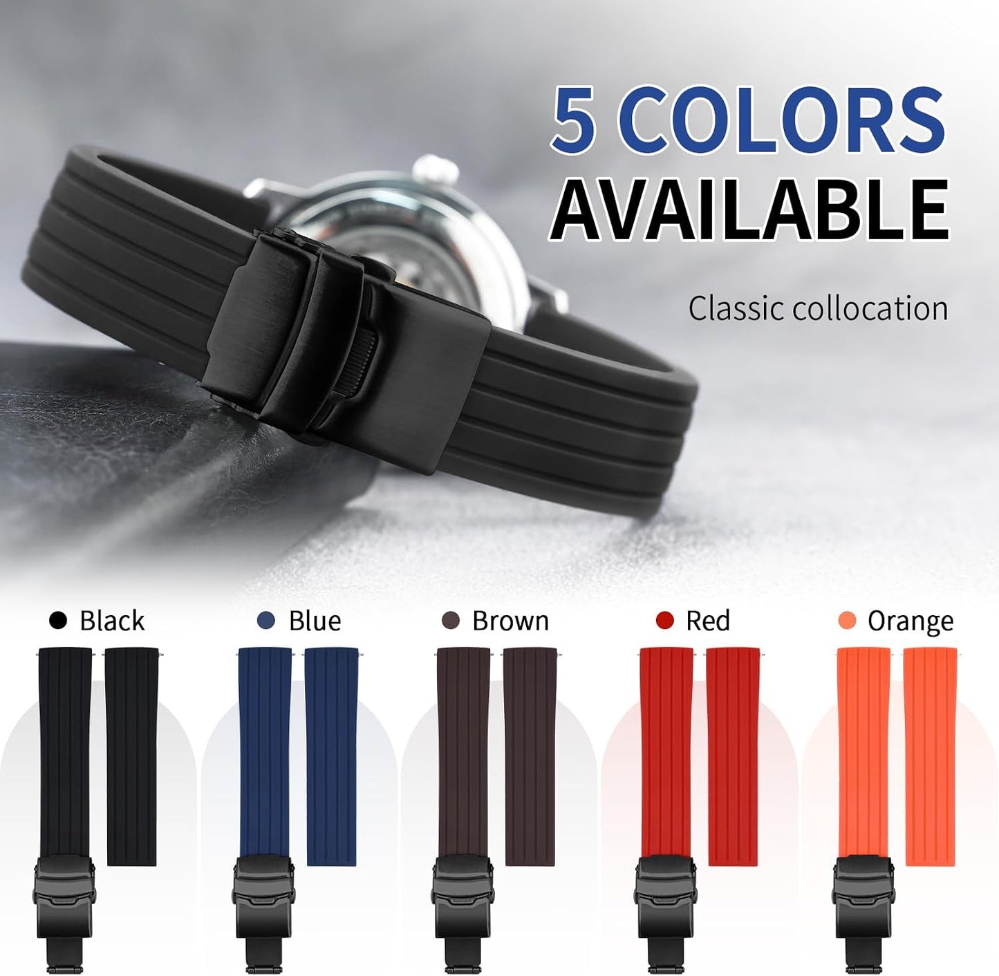 HOTSilicone Watch Strap Replacement Rubber Watch Band Waterproof Stripe Pattern - 14mm, 16mm, 18mm, 20mm, 22mm, 24mm Watch Bracelet with Stainless Steel Deployment Black Buckle