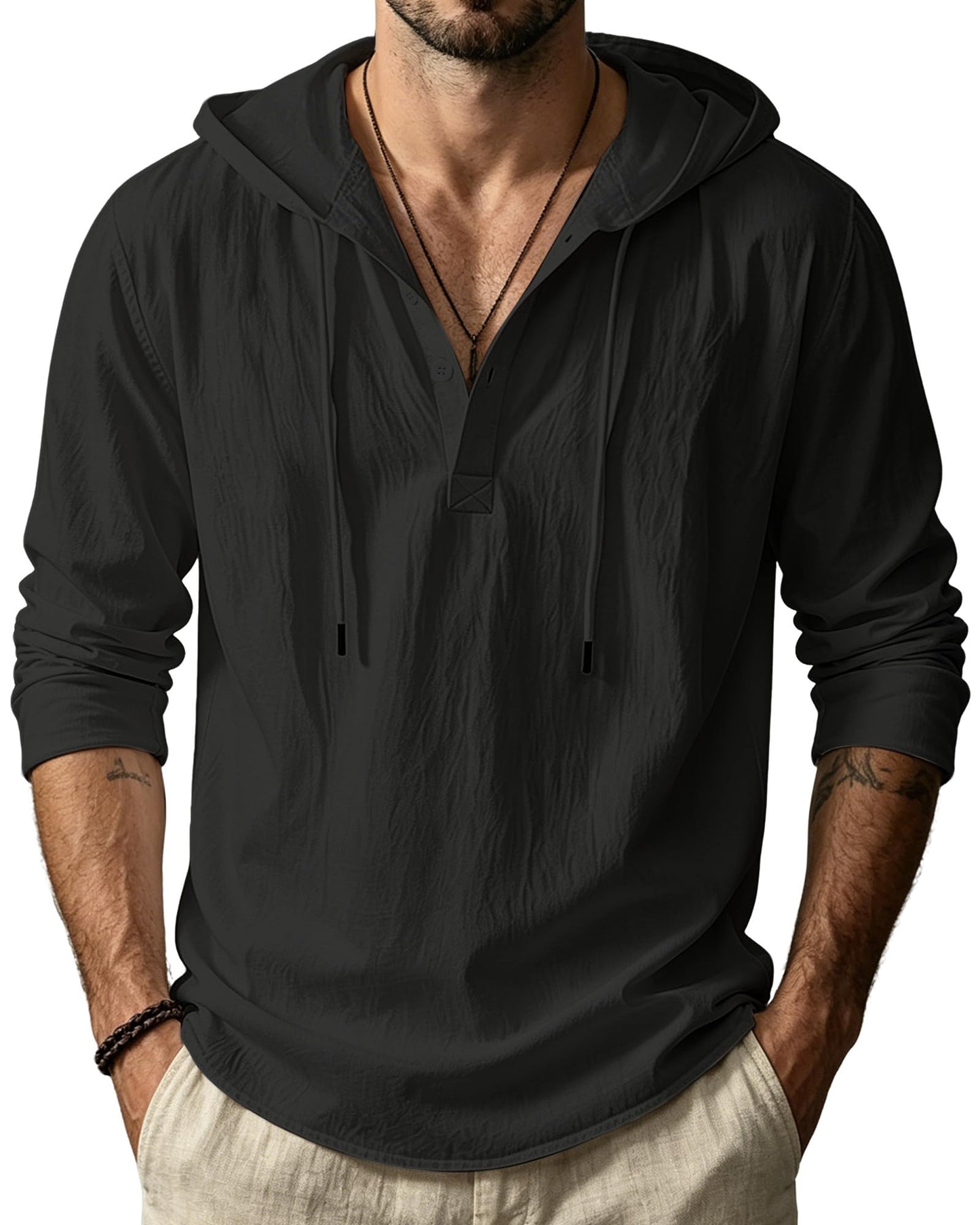 HOTMen's Cotton Linen Hoodies Casual Hooded Long Sleeve Button Down Shirts Lightweight Casual Hawaiian Beach Sweatshirts