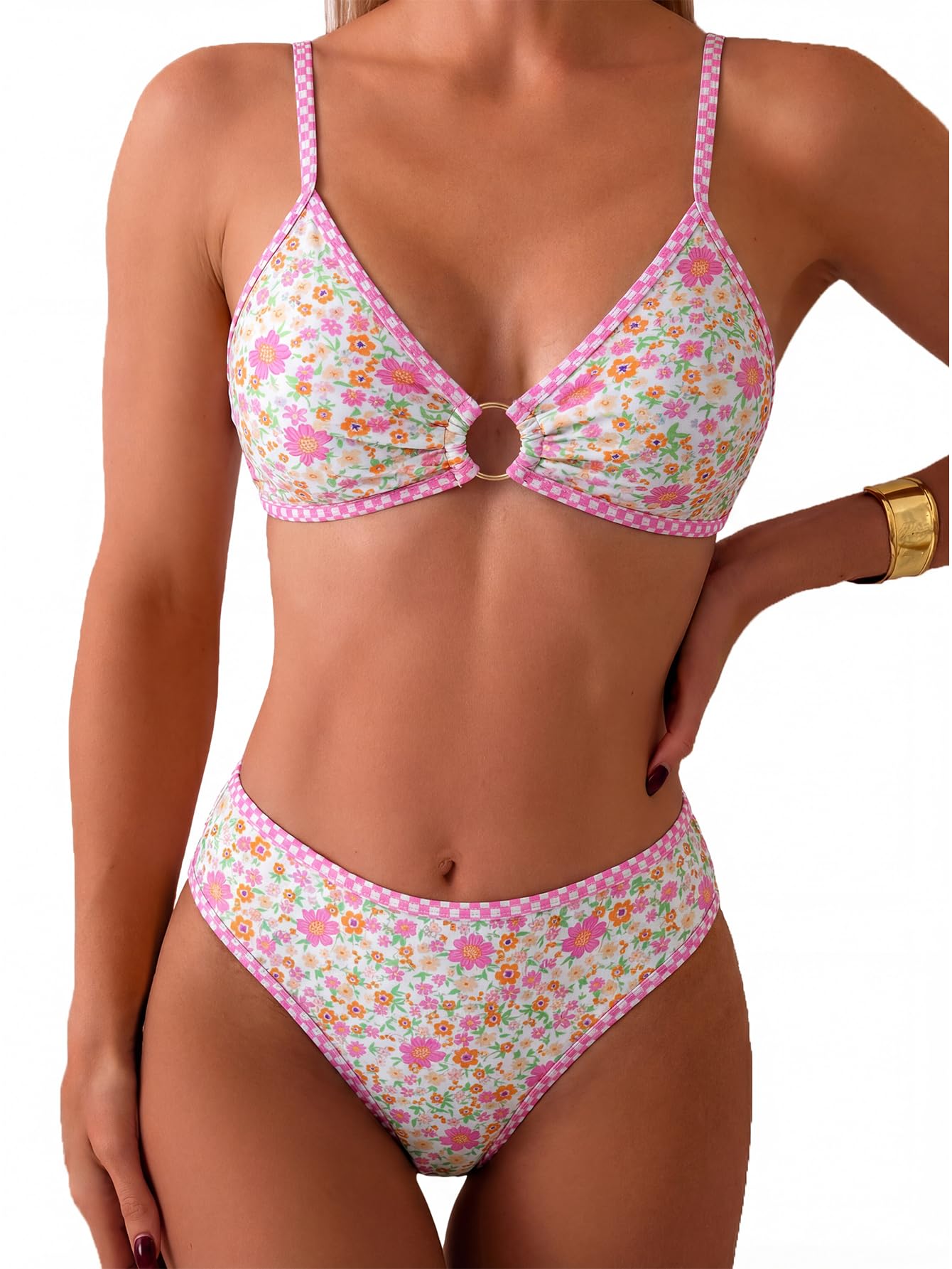 HOTTainehs Women's Two Piece Bikini Sets O Ring Front Top Ditsy Floral Triangle Swimsuits Cheeky Bathing Suit