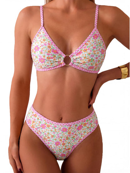 HOTTainehs Women's Two Piece Bikini Sets O Ring Front Top Ditsy Floral Triangle Swimsuits Cheeky Bathing Suit