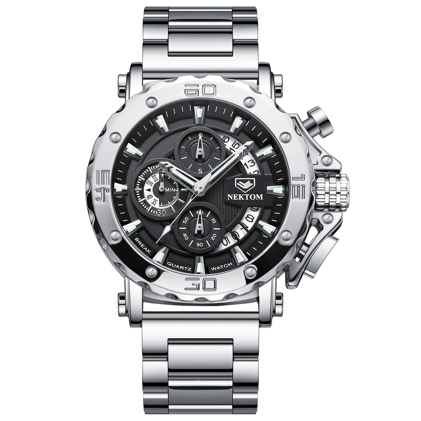 HOTNEKTOM Watches for Men with Stainless Steel, Quartz Analog Watch with Date, Luxury Minimalist Dress Mens Watches, Chronograph Watch, 3ATM Waterproof, Black Wristwatch, Gifts for Men