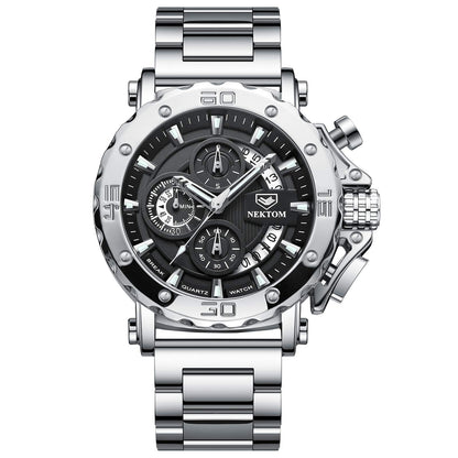 HOTNEKTOM Watches for Men with Stainless Steel, Quartz Analog Watch with Date, Luxury Minimalist Dress Mens Watches, Chronograph Watch, 3ATM Waterproof, Black Wristwatch, Gifts for Men