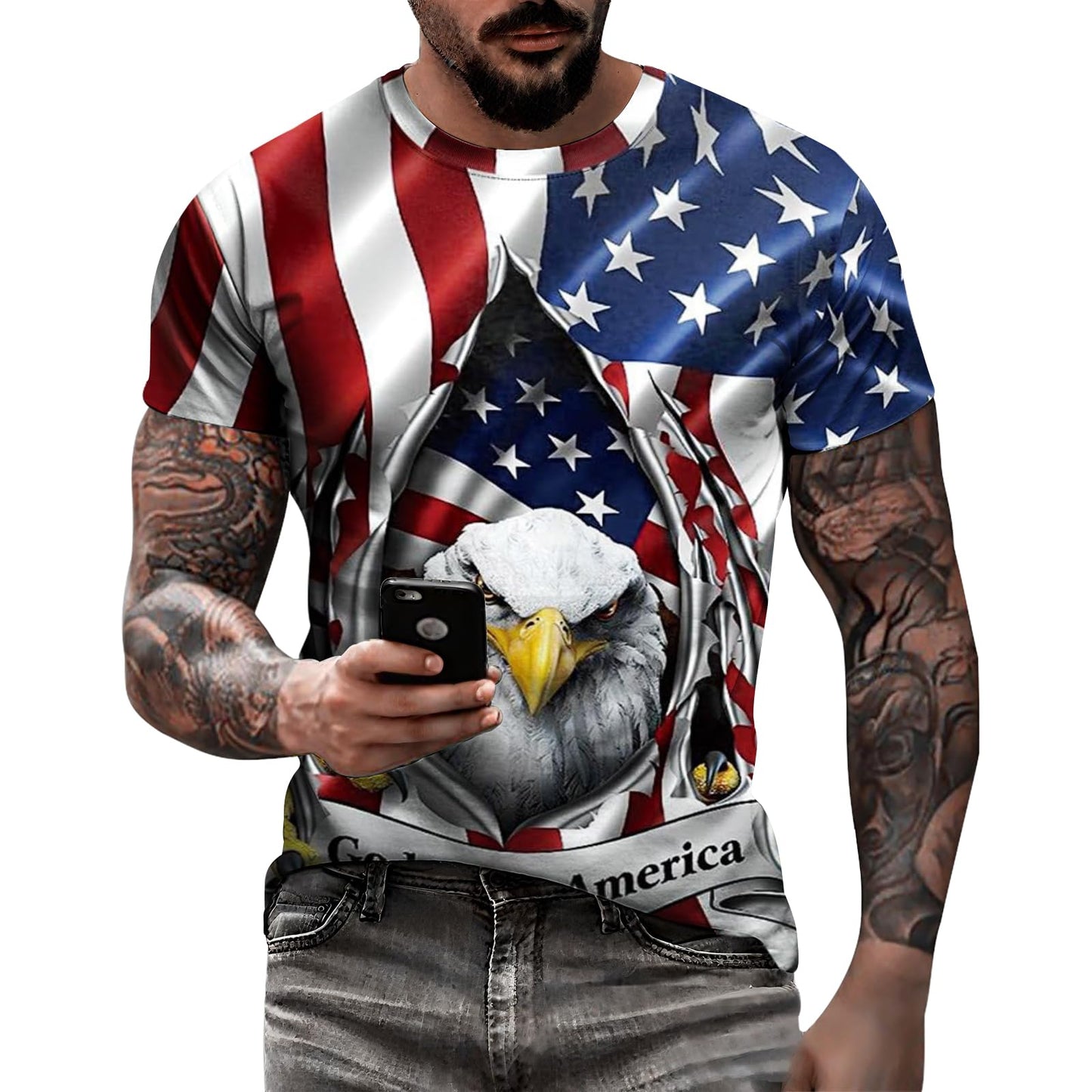 HOTEciodci Men's American USA Flag Patriotic T-Shirts 4th of July Shirts US Eagle Flag Soft Summer Short Sleeve Shirt for Men