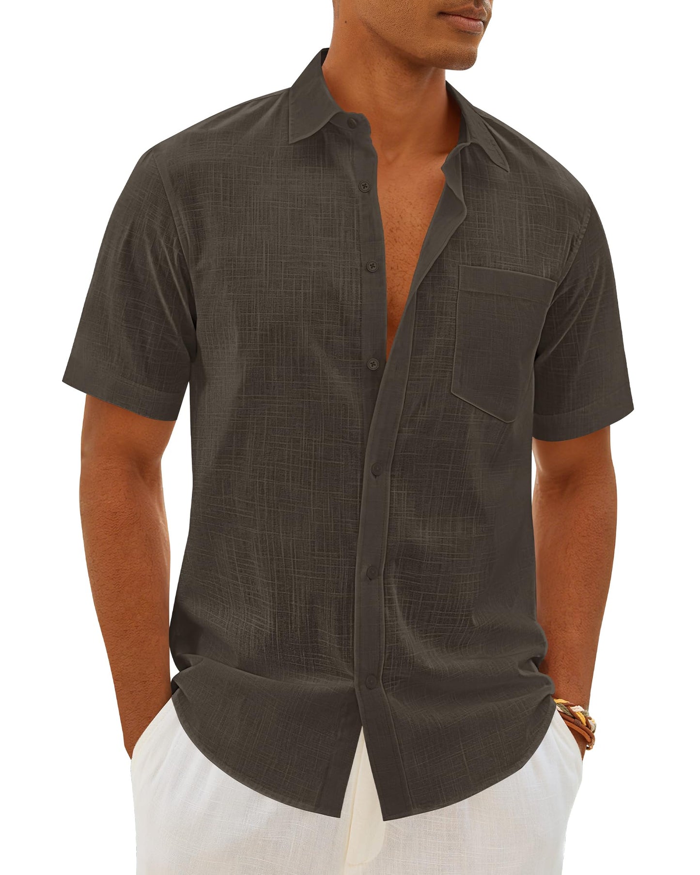 HOTMens Linen Textured Shirt Cotton Short Sleeve Summer Button Down Shirts | 100% Cotton, Linen-look Texture, Casual Wear, Breathable Feel, Lightweight, Untucked, Regular Fit, Beach, Vacation, Resort