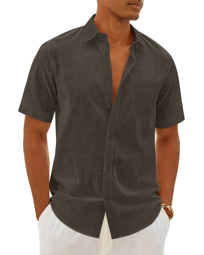 HOTMens Linen Textured Shirt Cotton Short Sleeve Summer Button Down Shirts | 100% Cotton, Linen-look Texture, Casual Wear, Breathable Feel, Lightweight, Untucked, Regular Fit, Beach, Vacation, Resort