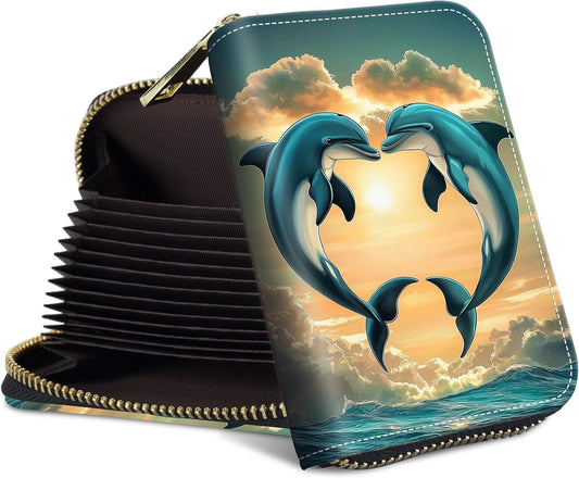 HOTRFID Blocking Credit Card Holder – 12-Slot Leather Wallet,Slim Compact Design (3.1x4.3in),Lightweight & Secure Card Organizer for Women/Men,﻿Two Dolphins