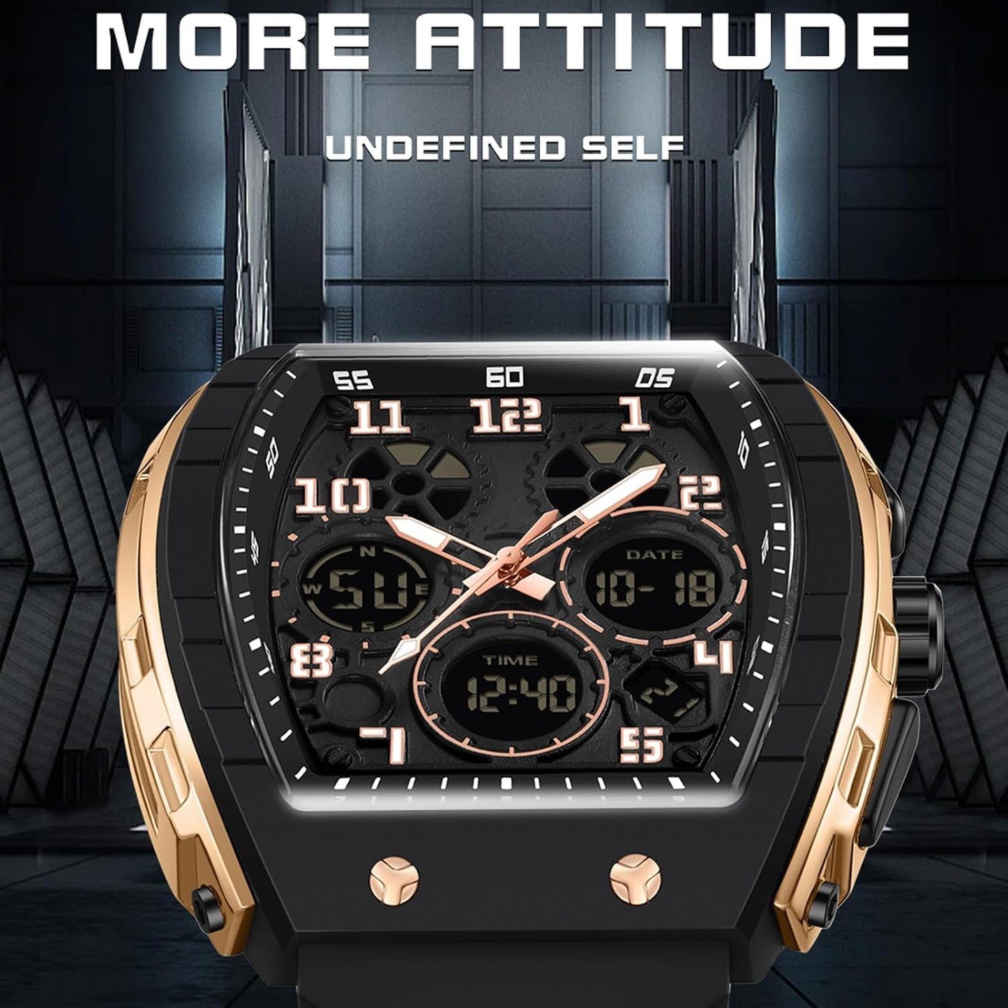 HOTfindtime Watches for Men Relojes para Hombres Wristwatch with Digital Analog Dual Time Display Countdown Stopwatch Punk Cool Design 5ATM Waterproof Mens Watch | Reloj de Hombre Rectangle Design Digital Analog Dual Time Display Countdown Stopwatch Punk