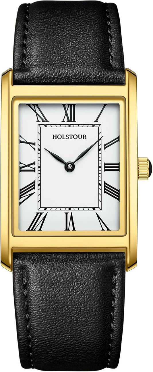 HOTHOLSTOUR Watches for Men Business Simple Model Rectangle Roman Numerals Case Water Resistant with Leather Strap