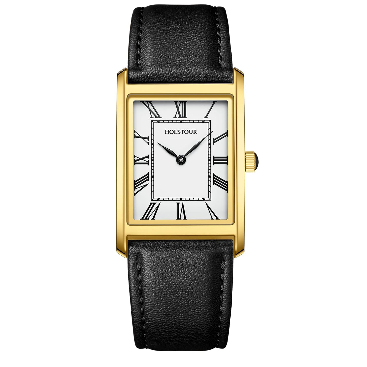 HOTHOLSTOUR Watches for Men Business Simple Model Rectangle Roman Numerals Case Water Resistant with Leather Strap