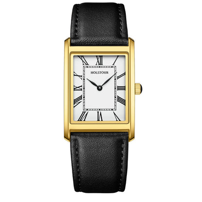 HOTHOLSTOUR Watches for Men Business Simple Model Rectangle Roman Numerals Case Water Resistant with Leather Strap