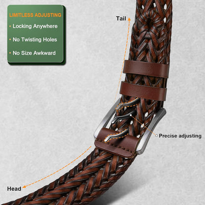 HOTBULLIANT 2-Pack Braided Woven Leather Belts for Men 1 3/8"-Gift Boxed | Holeless Understated Elegance| Breathable & Lightweight | Versatile For Golf, Casual, Jeans