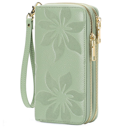 HOTGOIACII Women's Wallet Large Capacity Double Zip Ladies Card Phone Holder RFID Blocking Wristlet Leather