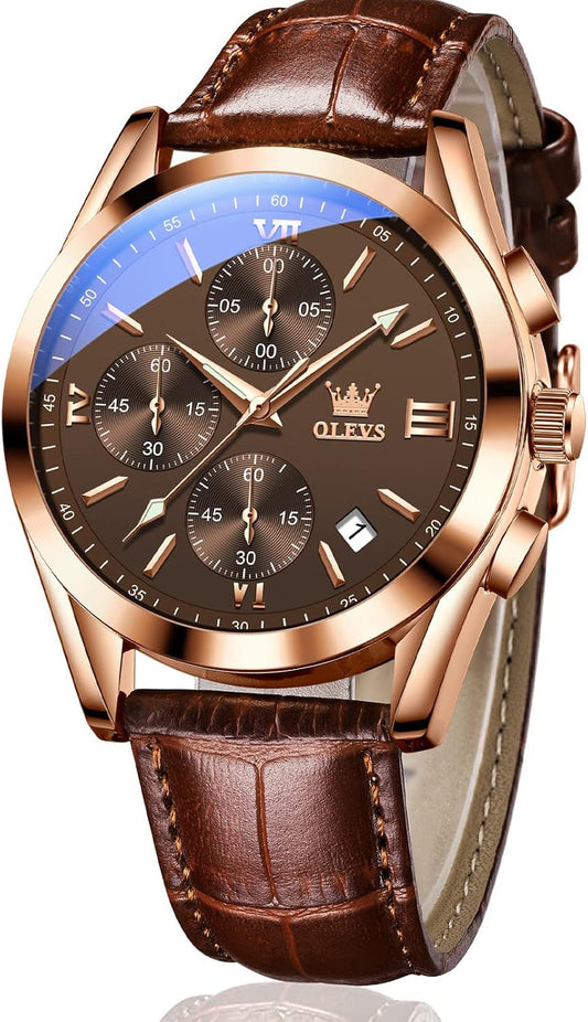 HOTOLEVS Watches for Men Case Waterproof Watches Leather Band Day Date Mens Watch Analog Quartz Chronograph Wristwatches Multi-Function Men's Watch