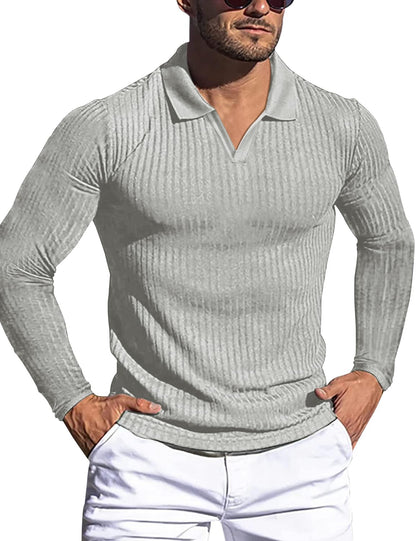 HOTMen's Muscle V Neck Polo Shirts Slim Fit Short Long Sleeve Cotton Golf T-Shirts Ribbed Knit Soft Tees