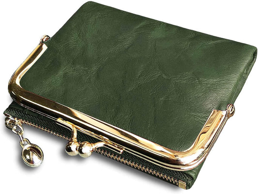 HOTPofeeXIO Womens Wallet RFID Small Compact Bifold Leather Vintage Wallet,Ladies Coin Purse with Zipper and Kiss Lock