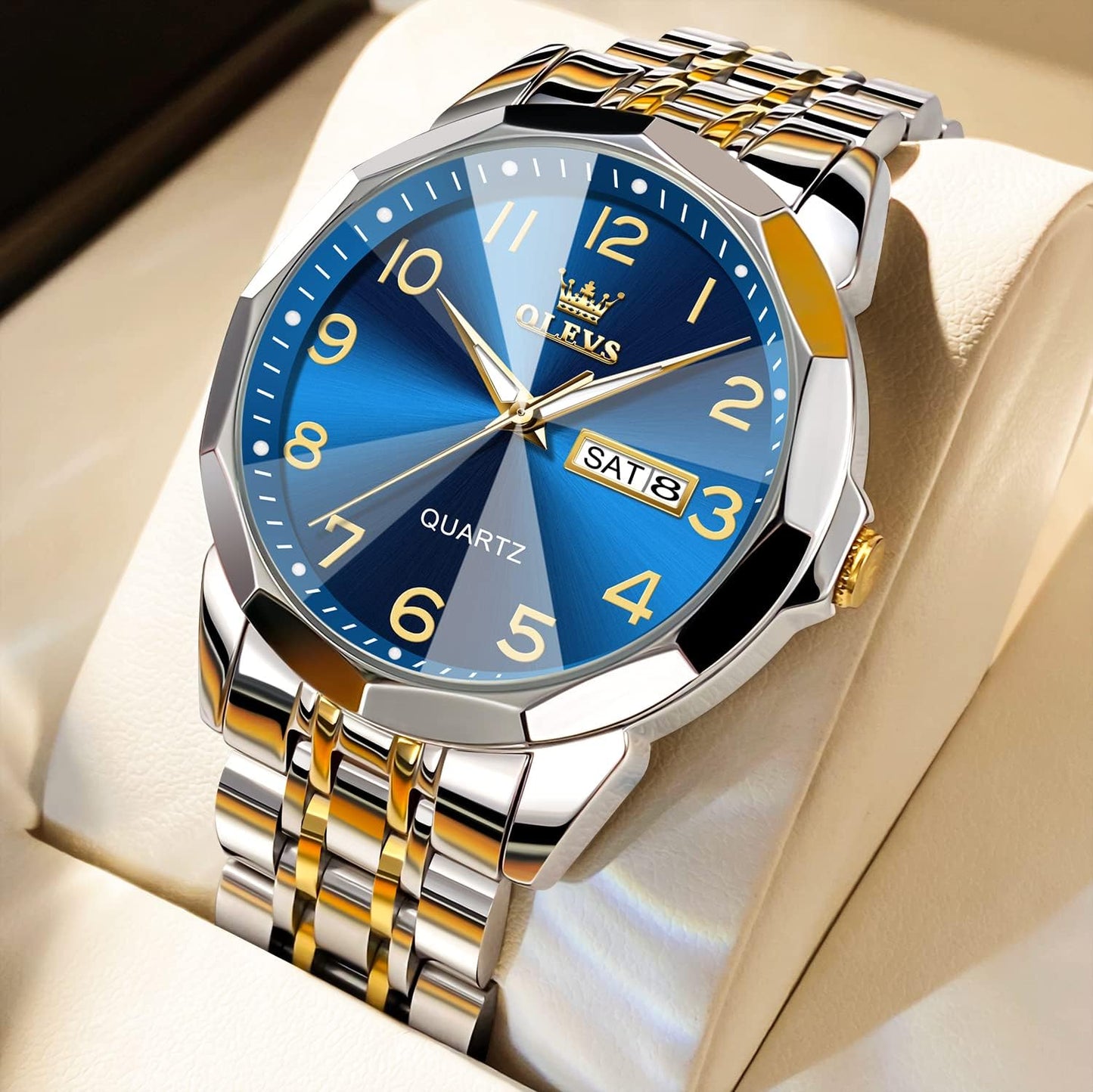 HOTOLEVS Watch for Men Luxury Dress Analog Quartz Stainless Steel Waterproof Luminous Date Diamond Business Two Tone Casual Wrist Watch