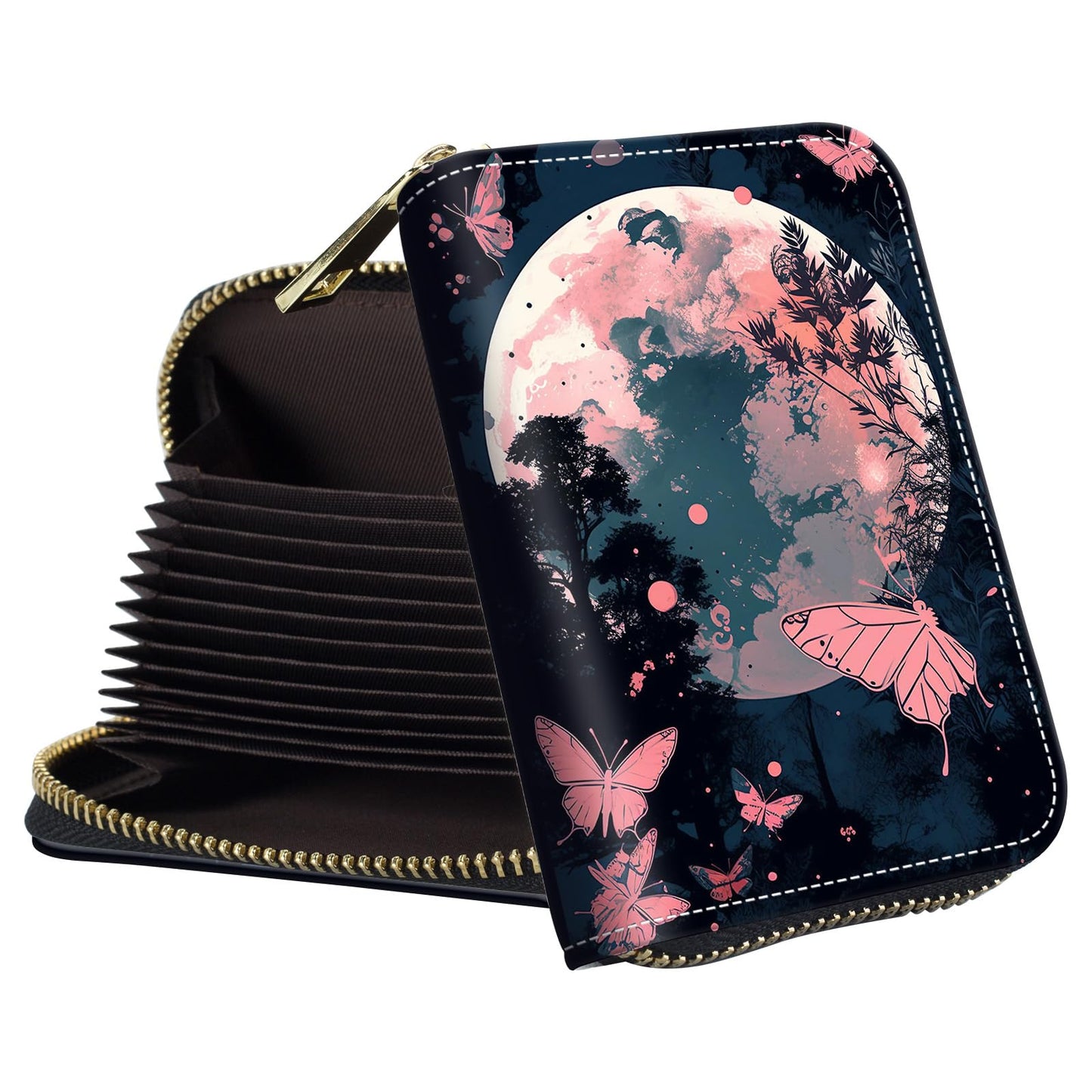 HOTSmall Wallet for Women Credit Card Holder,RFID Leather Business Card Case Wallet with Zipper Design for Women Men Gifts-Butterflies and Elephants