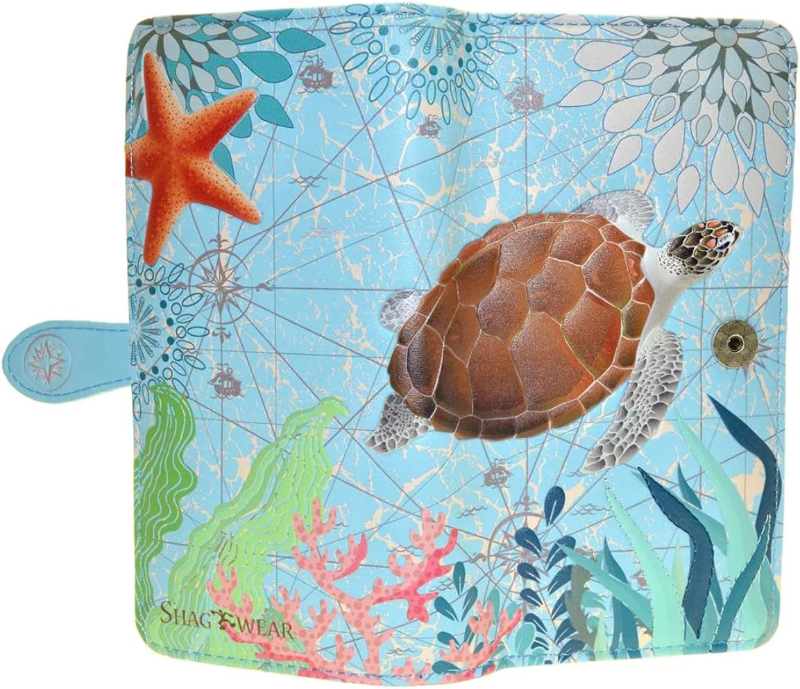 HOTShag Wear Sea Turtle Large Wallet Vegan Faux Leather Ocean Design Clutch with Card Slots Bill Compartments ID Window Zippered Coin Pocket 7" Blue
