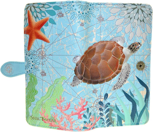 HOTShag Wear Sea Turtle Large Wallet Vegan Faux Leather Ocean Design Clutch with Card Slots Bill Compartments ID Window Zippered Coin Pocket 7" Blue
