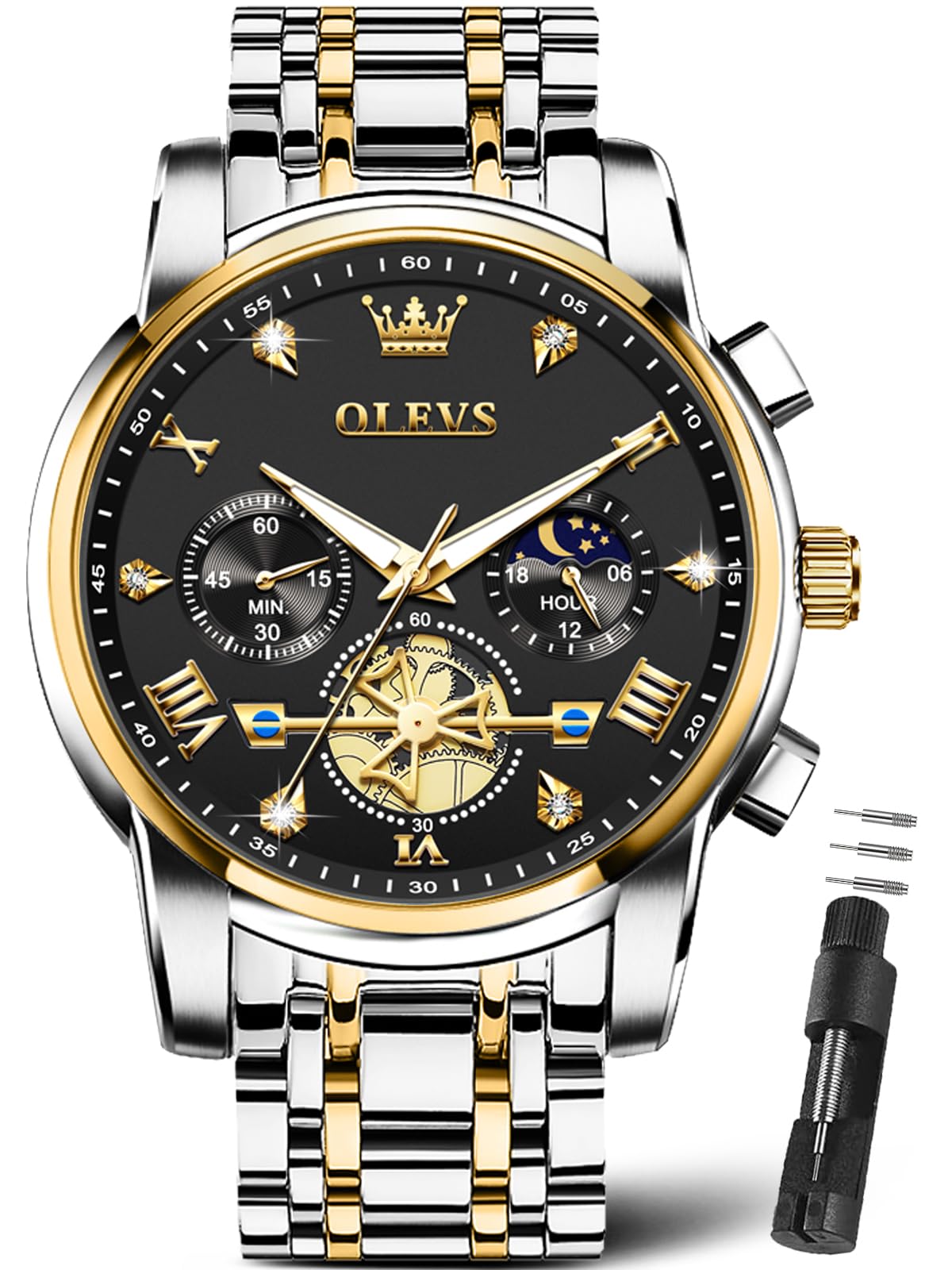 HOTOLEVS Watches Men Stainless Steel Chronograph Watch Luxury Big Face Man Dress Watches Waterproof Roman Numeral Analog Quartz Men Wrist Watch Diamond Relojes para Hombre(Silver/Black/Gold/Red/Blue)