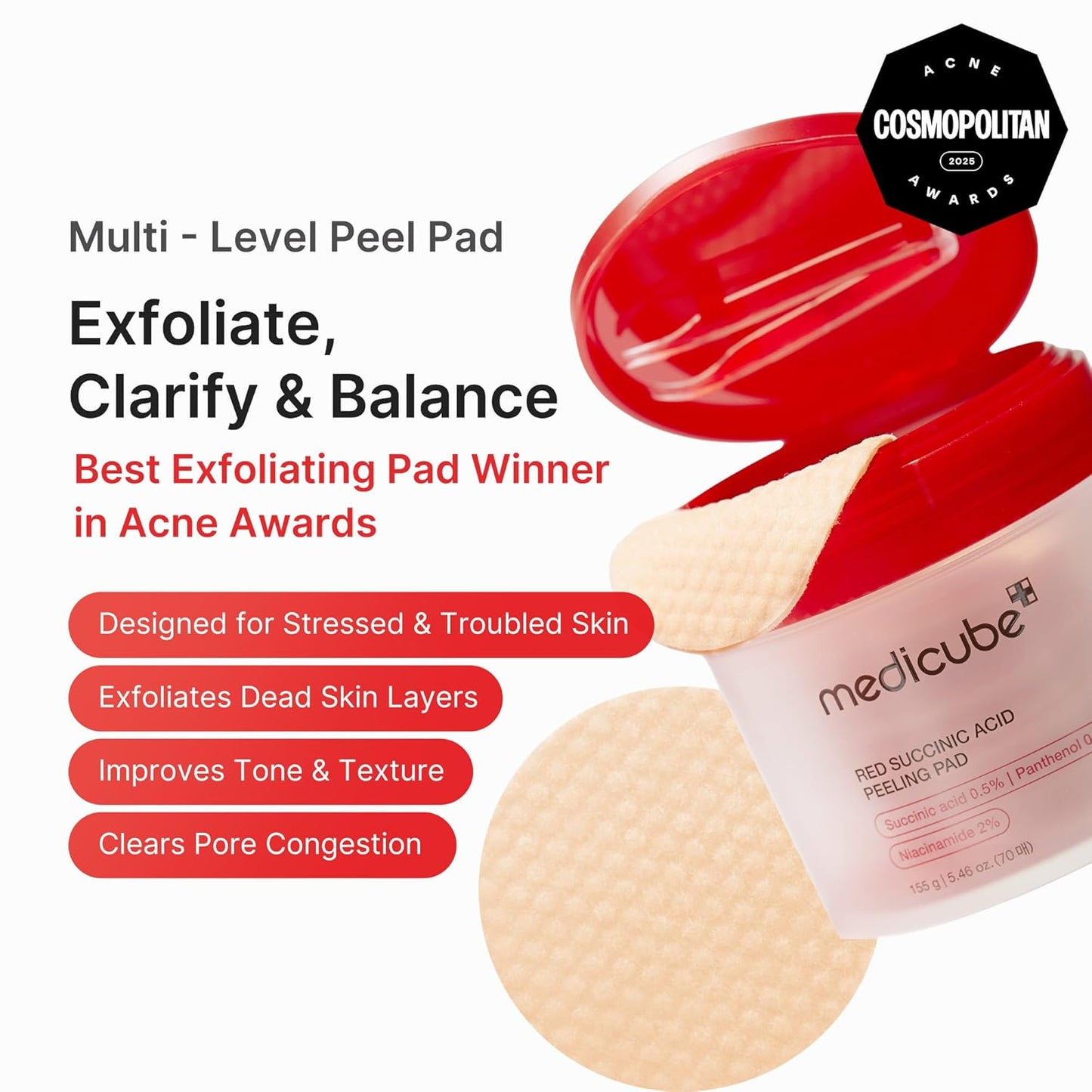 HOTmedicube Toner Pads Red Succinic Acid Panthenol Facial Peeling Pad | Exfoliating Toner Pad for Breakout-Prone Skin | Niacinamide, AHA, BHA, and Soothing Panthenol - Non-Comedogenic, 70 Pads (1 Pack)