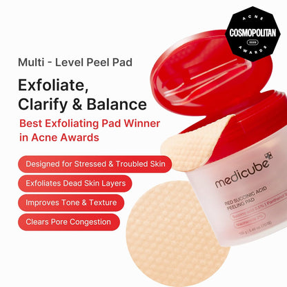 HOTmedicube Toner Pads Red Succinic Acid Panthenol Facial Peeling Pad | Exfoliating Toner Pad for Breakout-Prone Skin | Niacinamide, AHA, BHA, and Soothing Panthenol - Non-Comedogenic, 70 Pads (1 Pack)