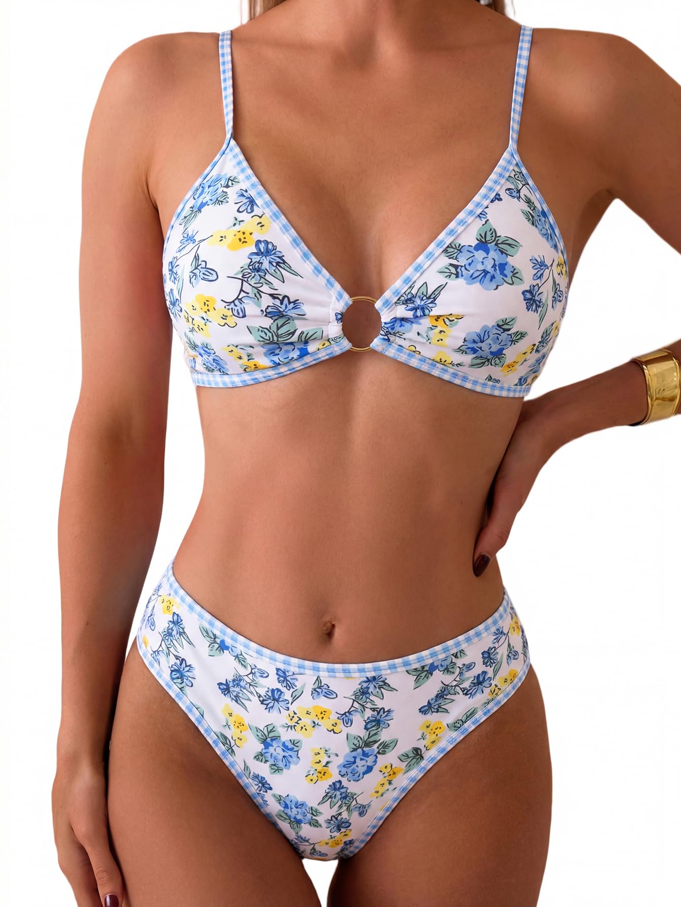 HOTTainehs Women's Two Piece Bikini Sets O Ring Front Top Ditsy Floral Triangle Swimsuits Cheeky Bathing Suit