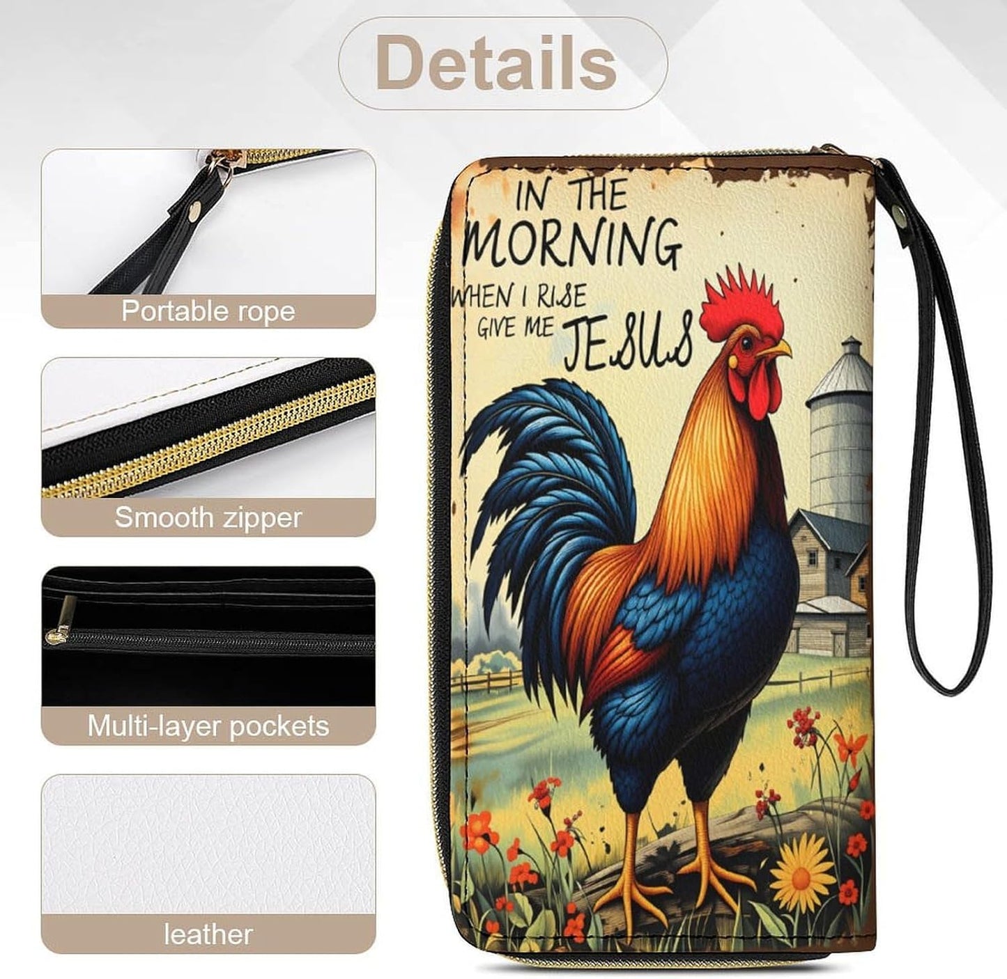 HOTVintage Rooster Chicken Wallet Women Large Capacity Clutch Purse Wristlet with Phone Pocket, Card Holder & Zipper Coin Compartment