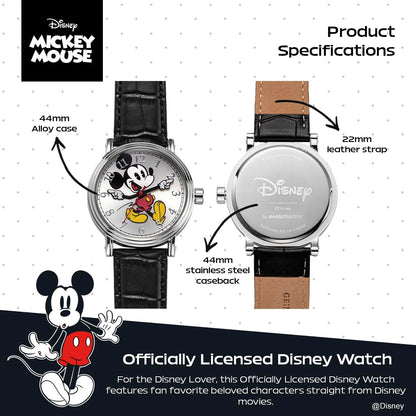 HOTFull Color Mickey Mouse Head Silhouette Watch for Men \u2013 Iconic Mickey Mouse Watches for Men \u2013 Stylish Watch \u2013 Classic Watches with Silver Dial &amp; Black Leather Bracelet