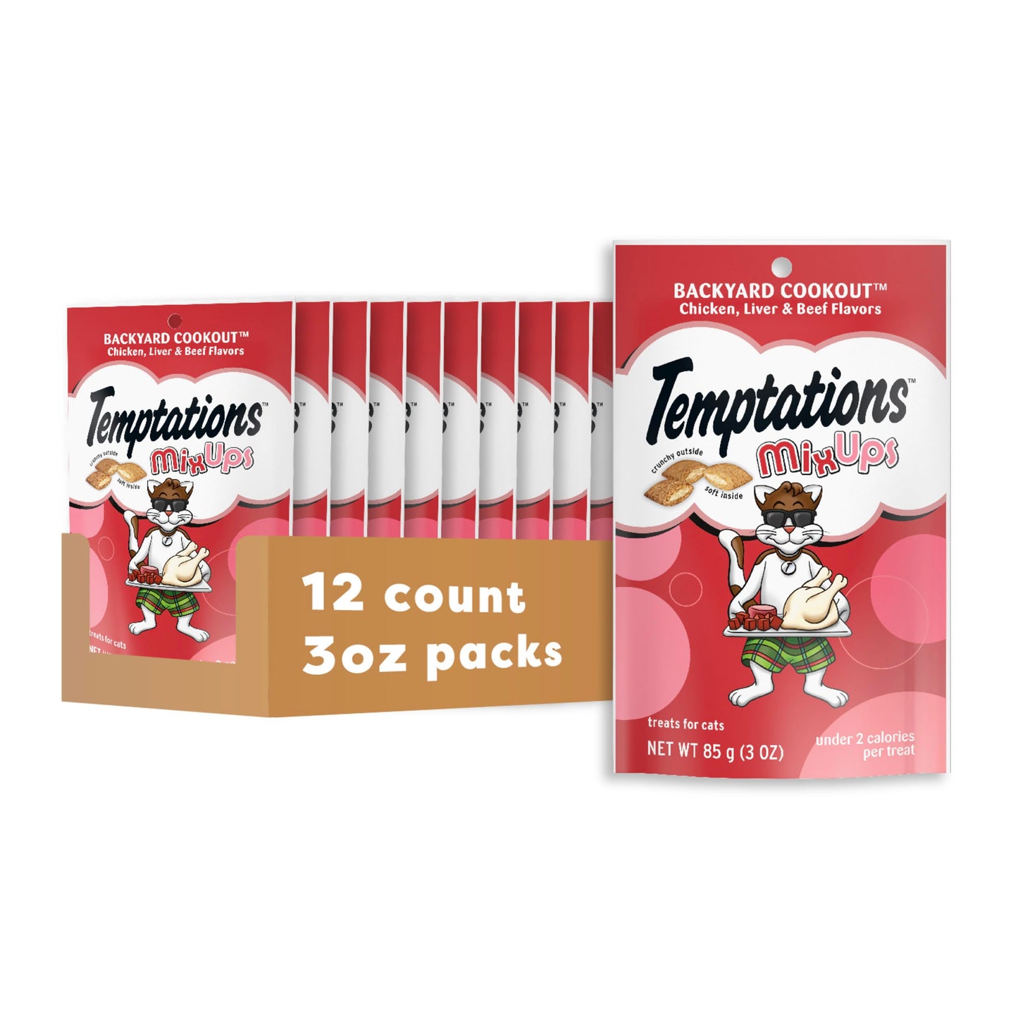 HOTTemptations MixUps Crunchy and Soft Cat Treats, Cookout Flavor, 30 oz | Chicken, liver & beef flavors, under 2 calories per treat, 100% complete & balanced for adult cats, resealable stay-fresh tub