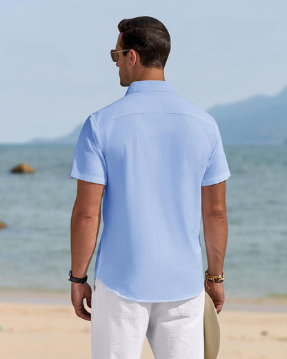 HOTJ.VER Mens Linen Shirt Short Sleeve Button Down Casual Summer Shirts | Cotton Linen, Untucked, Big Tall, from Beach Camp Vacation, Cruise Fishing, Work Office, to Wedding Party Family, with Pocket