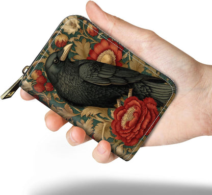 HOTSlim Zipper Card Wallet for Women — RFID Blocking Mini Wallet, PU Leather Small Credit Card Holder & Coin Pocket, Travel-Friendly Card Organizer, Crow & Rose