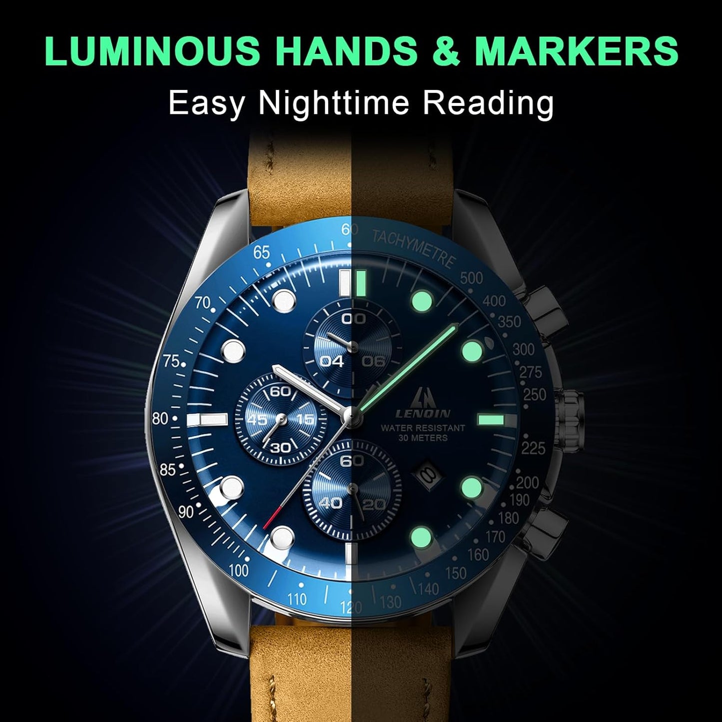 HOTLN LENQIN Mens Watches Leather Watch Analog Quartz Watch for Men Luminous Luxury Fashion Business Casual 30M Waterproof Men's Wrist Watches with Date