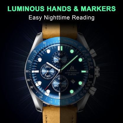 HOTLN LENQIN Mens Watches Leather Watch Analog Quartz Watch for Men Luminous Luxury Fashion Business Casual 30M Waterproof Men's Wrist Watches with Date