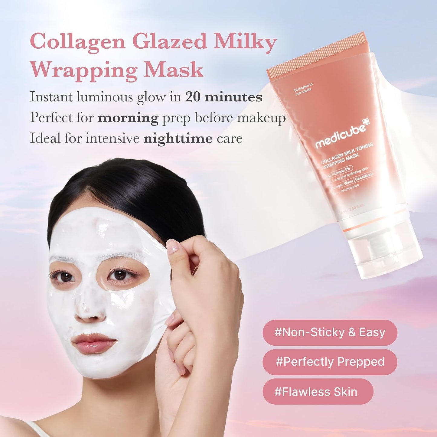 HOTmedicube Wrapping Mask Collagen Glazed Milky Glow Daytime Peel Off Mask | Quick and Easy Care with Glutathione, Niacinamide for Plumped, Hydrated & Smooth Skin | Korean Skin Care, 2.53 fl.oz